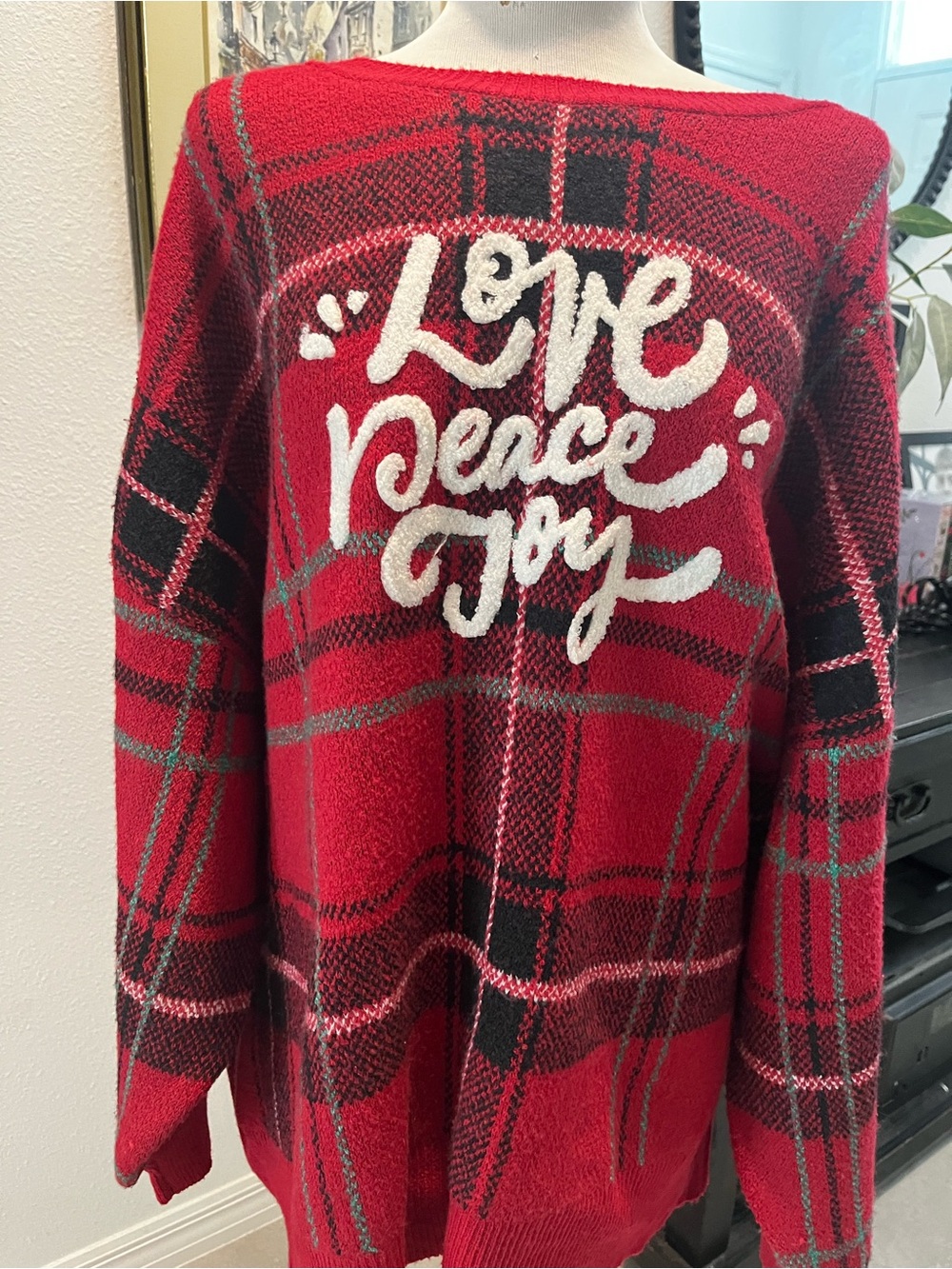 Holiday Time Red Plaid 'Love Peace Joy' Chenille Sweater